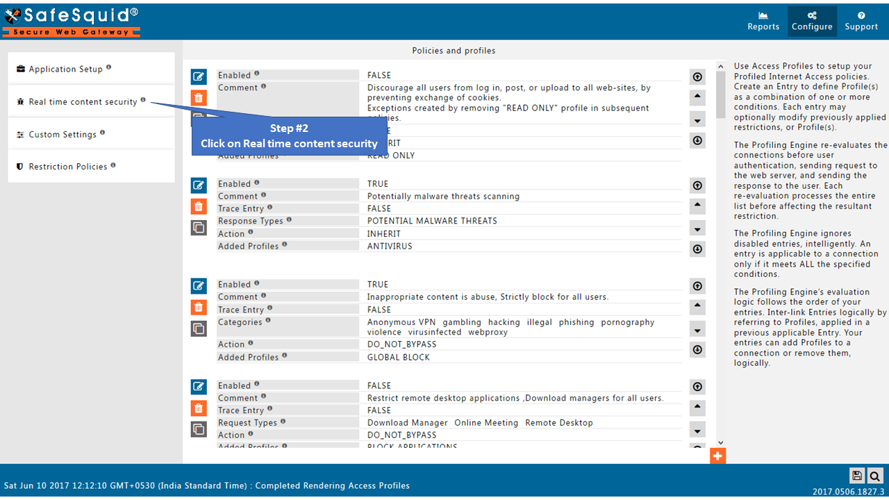 clicking on Real Time Content Security in the sidebar