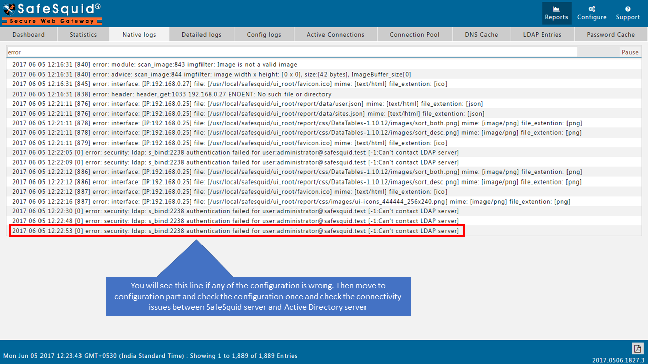 showing of the error line if the configuration is wrong