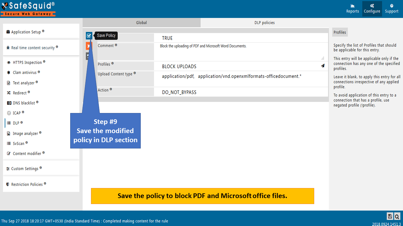 saving the modified policy in DLP section 