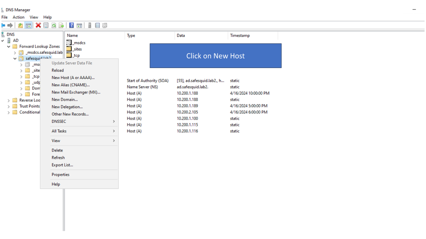 Select New Host option to add safesquid server DNS entry in Active Directory