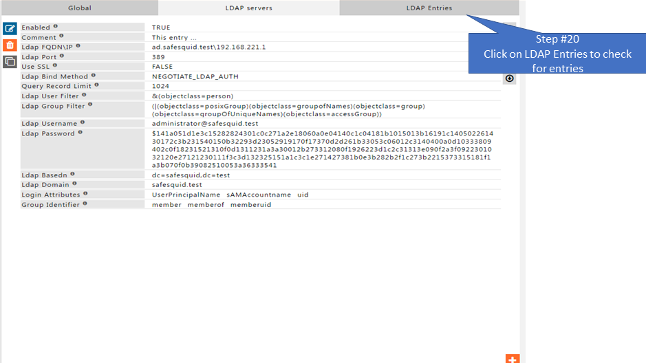 clicking on ldap entries tab to check for entries