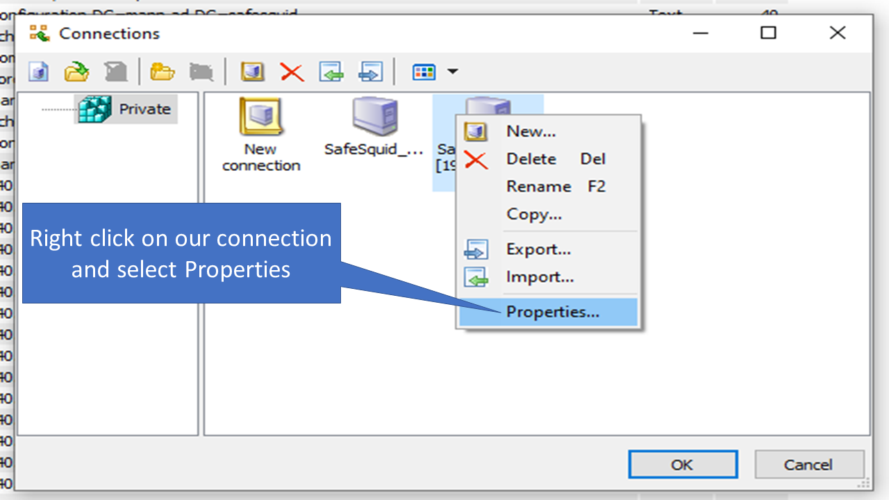 right clicking on created connection and selecting properties