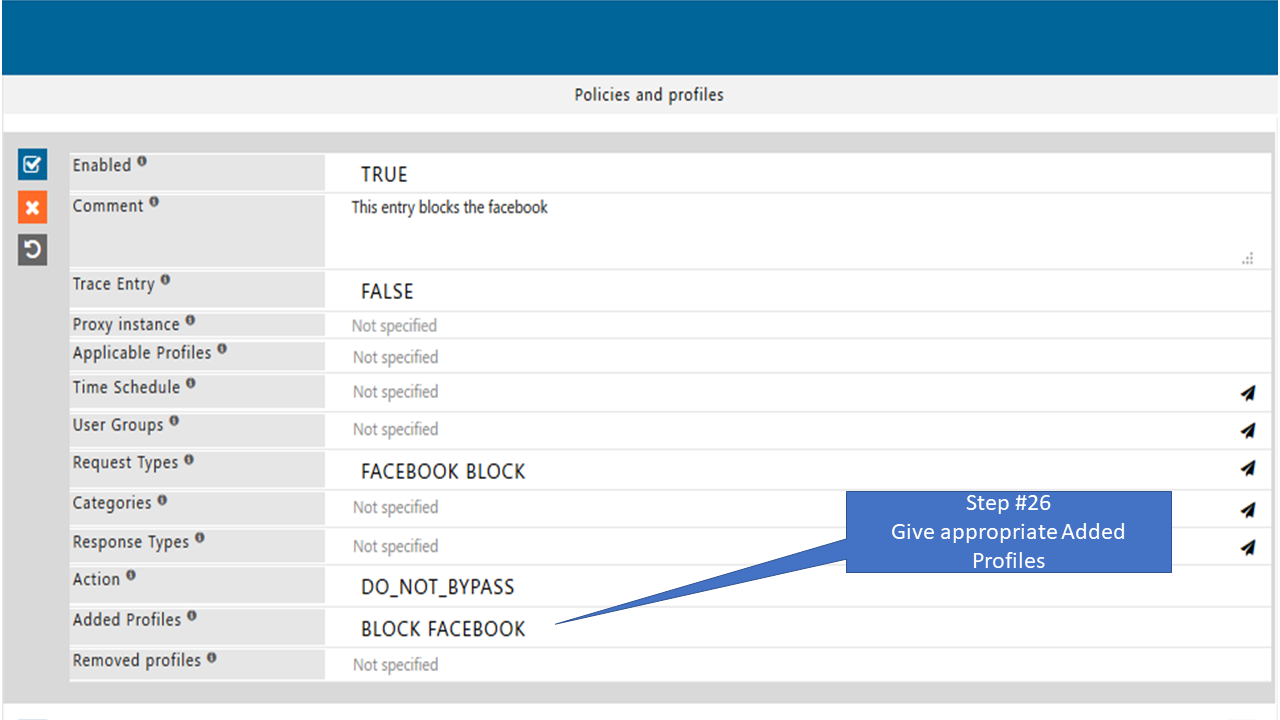 Give appropriate Added profiles to the policy that allow only specific page of Facebook 