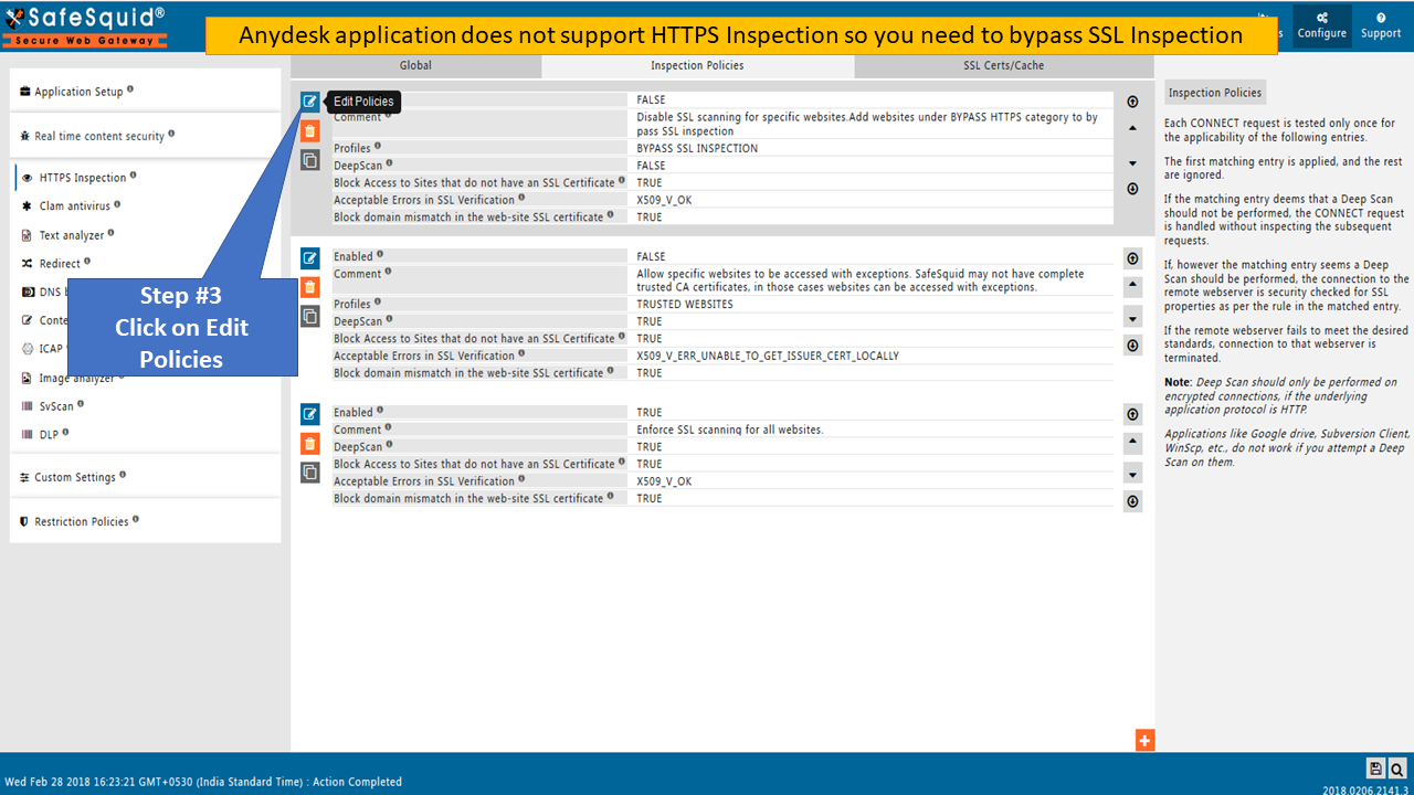 Bypass SSL inspection by editing policy in Inspection policy section