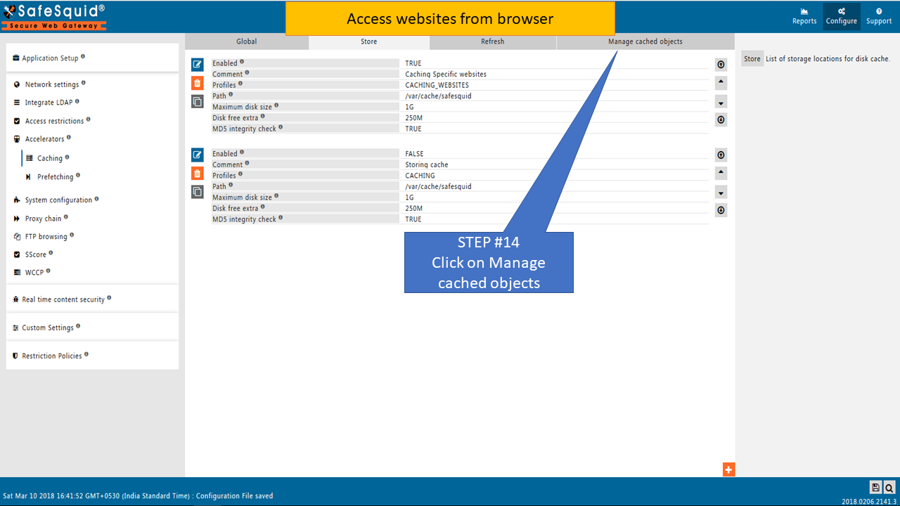 clicking on Manage cached objects in caching section