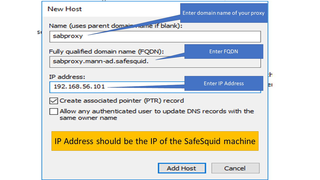 Enter Domain name, FQDN, IP address   to add host for Kerberos SSO Authentication Setup