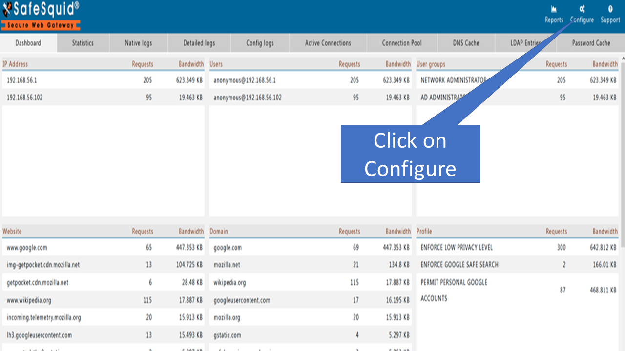 clicking on configure in safesquid interface