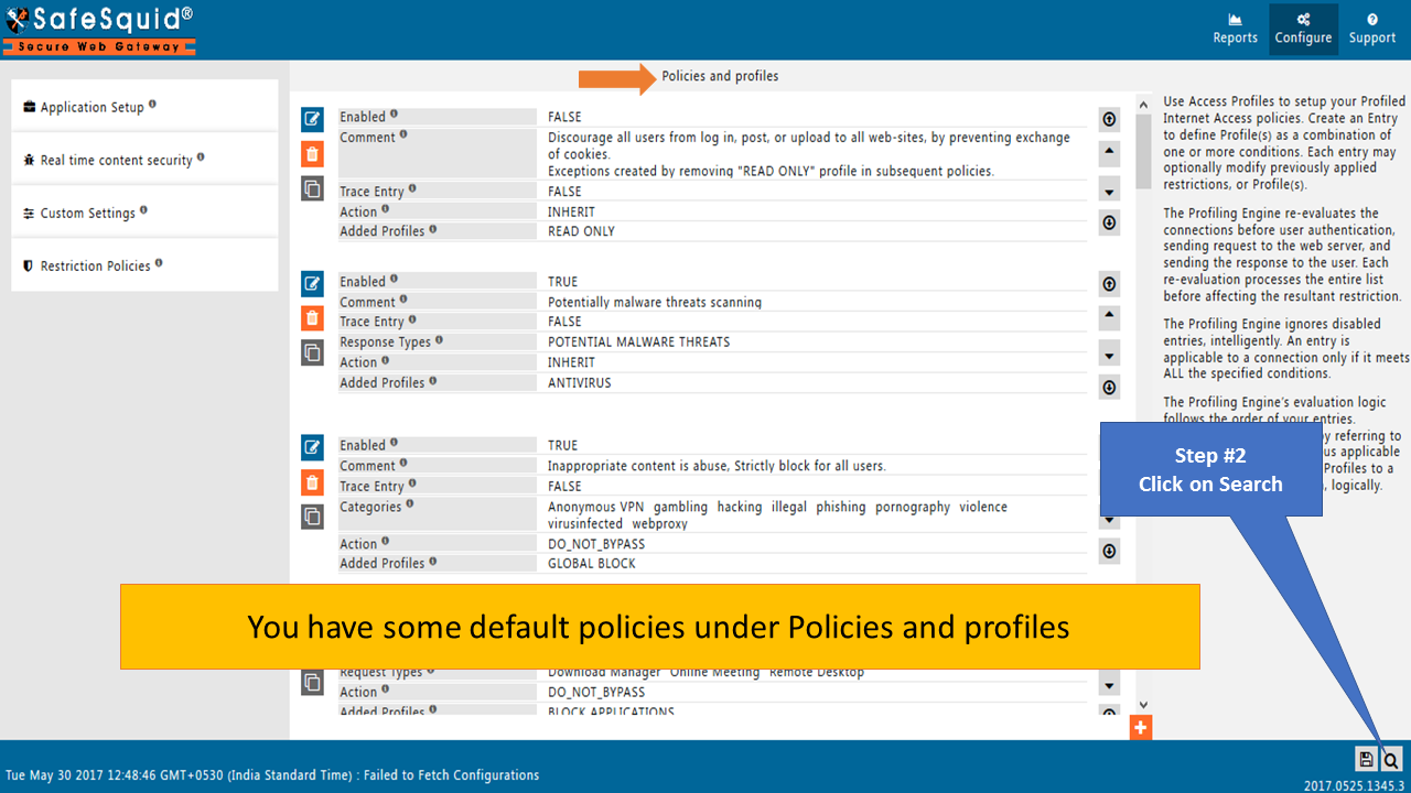 View default policies under policies and profiles