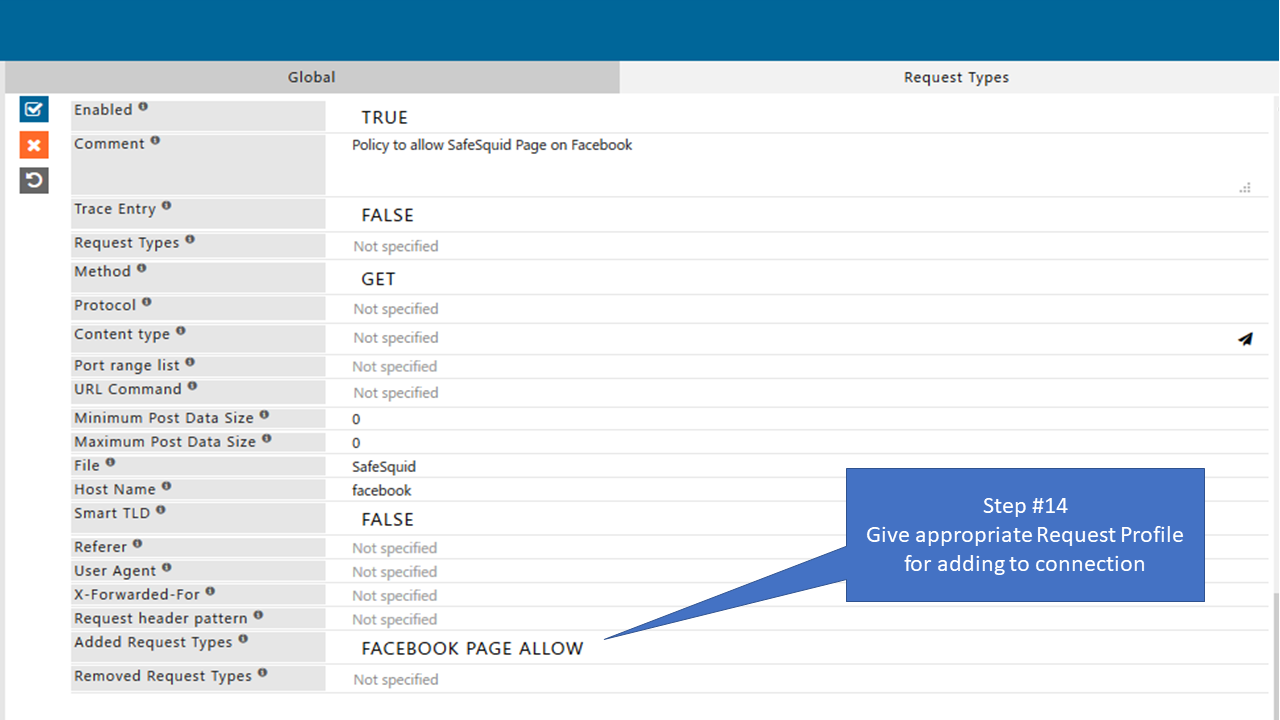 Enter appropriate Request profile in policy that allow only specific page of Facebook