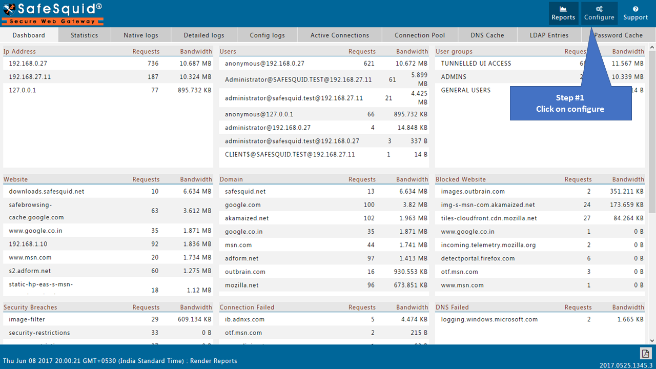 Clicking on configure in SafeSquid interface