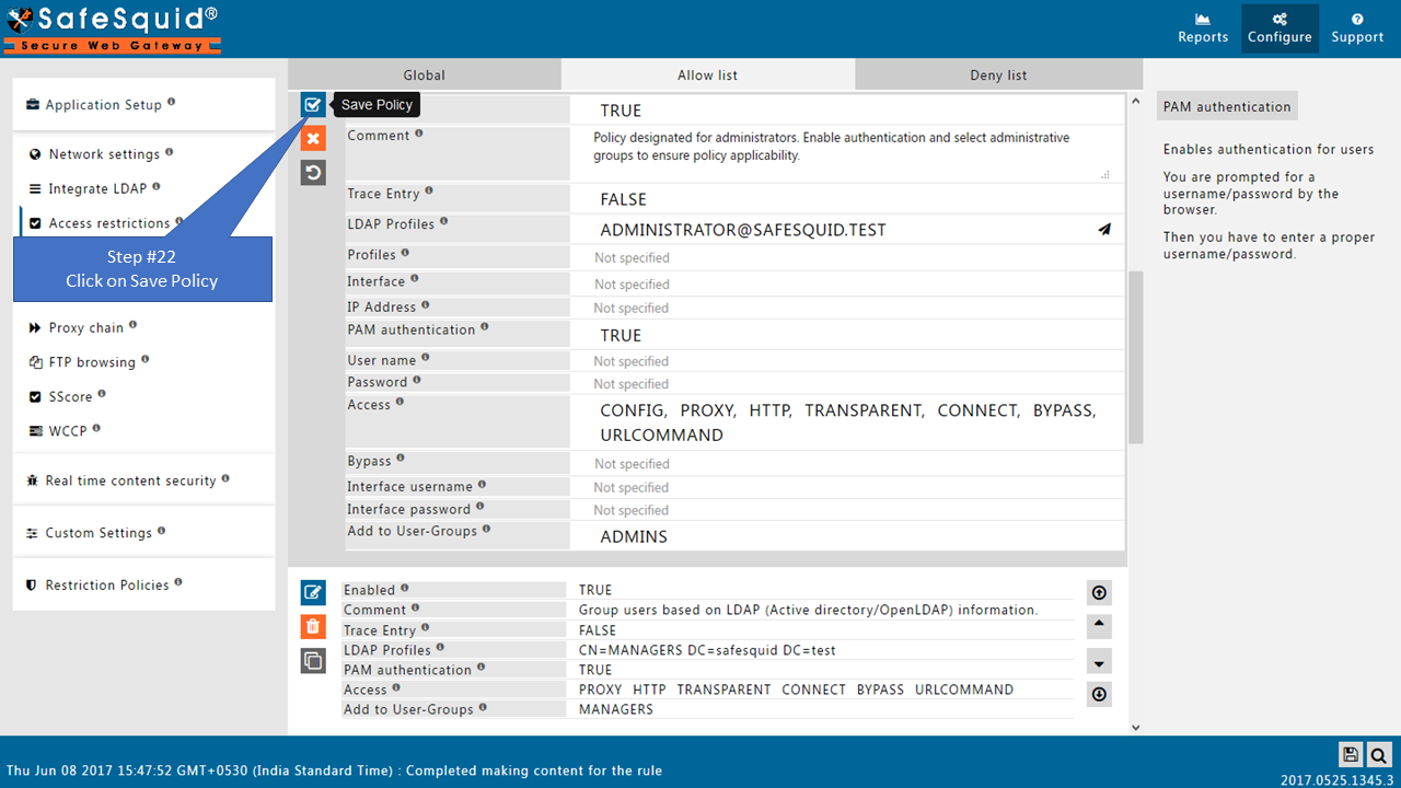 Save policy for with PAM authentication for  Administrator from LDAP server in LDAP profile as true