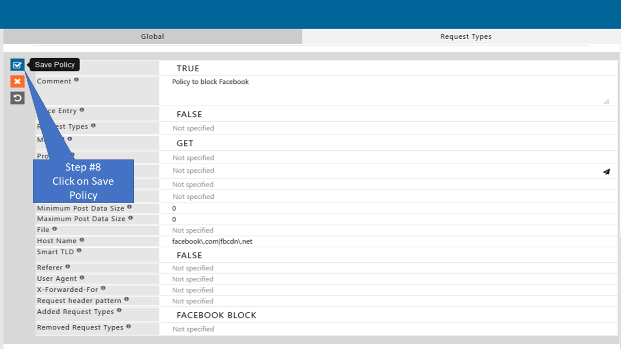 Save newly added policy that allow only specific page of Facebook