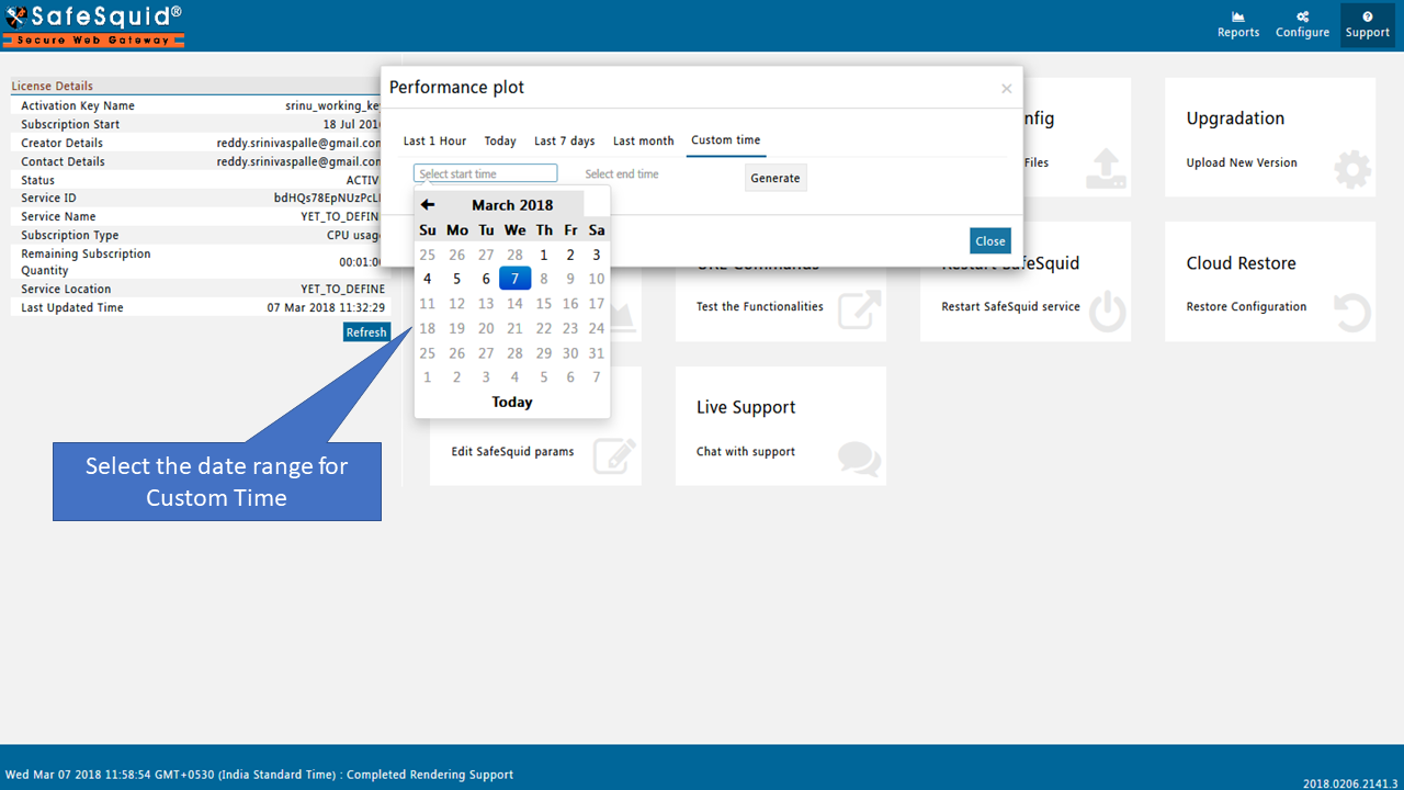 Select date range for custome time to Generate Performance Plot from SafeSquid User Interaface