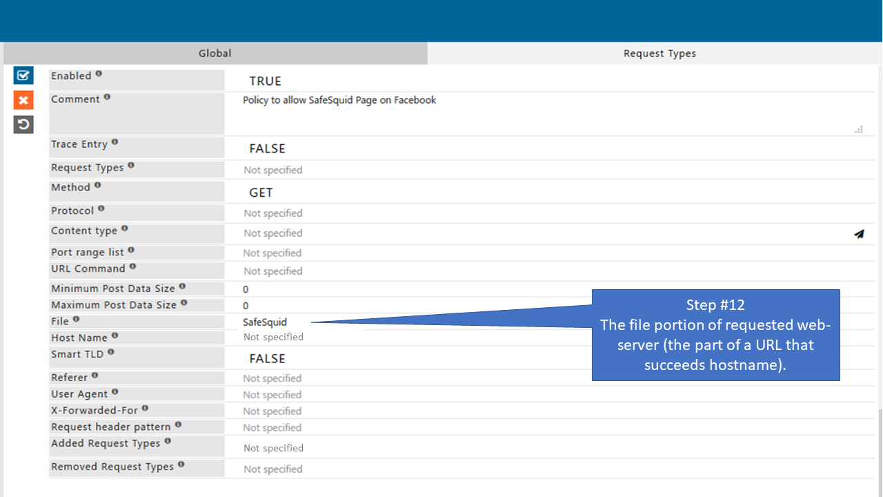 Enter file portion in policy that allow only specific page of Facebook