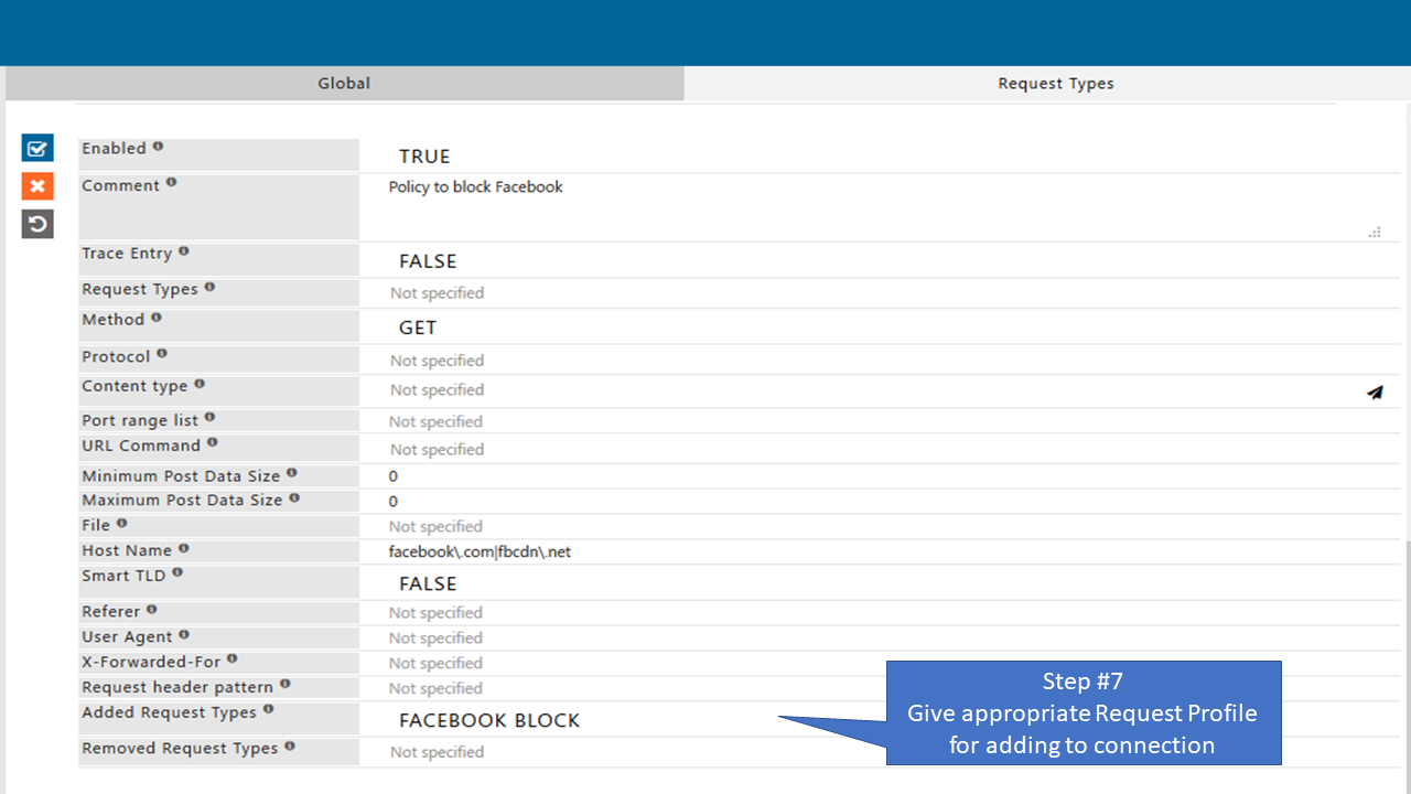 Give appropriate Request profile for adding new connection in policy that allow only specific page of Facebook