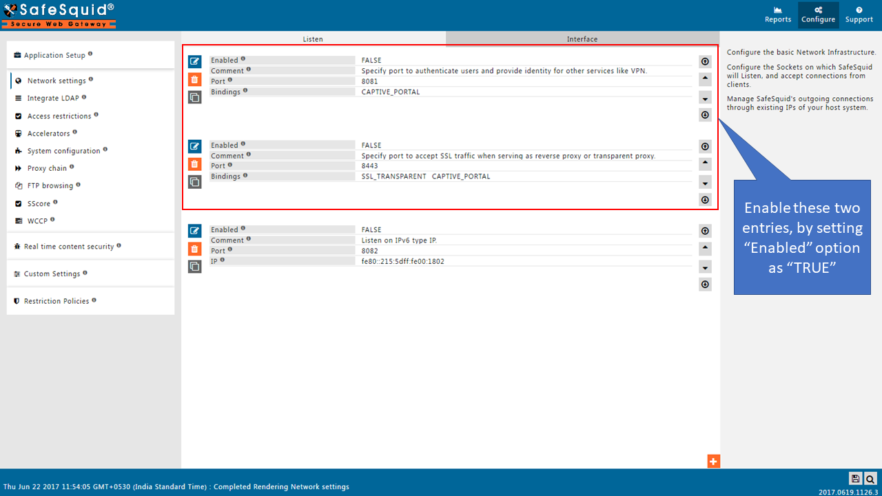 enabling the two entries by setting enabled option as true in network settings