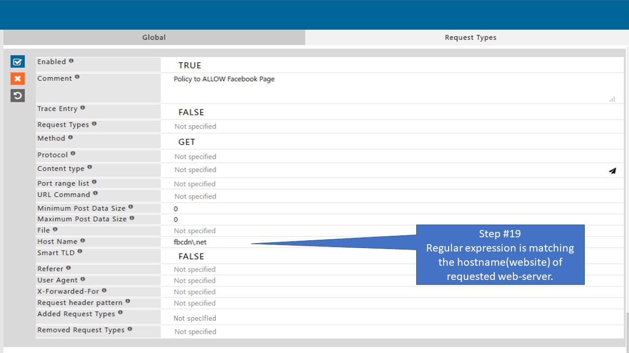 Enter hostname of requested webserver in policy that allow only specific page of Facebook