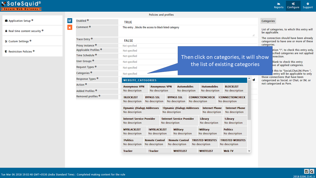 To see list of existing categories to add to block or allow the existing categories