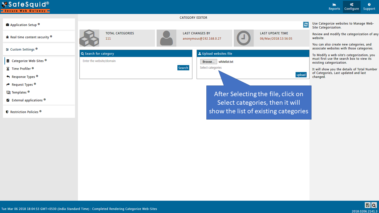 To upload  a text file of a custom web categorization in upload website file