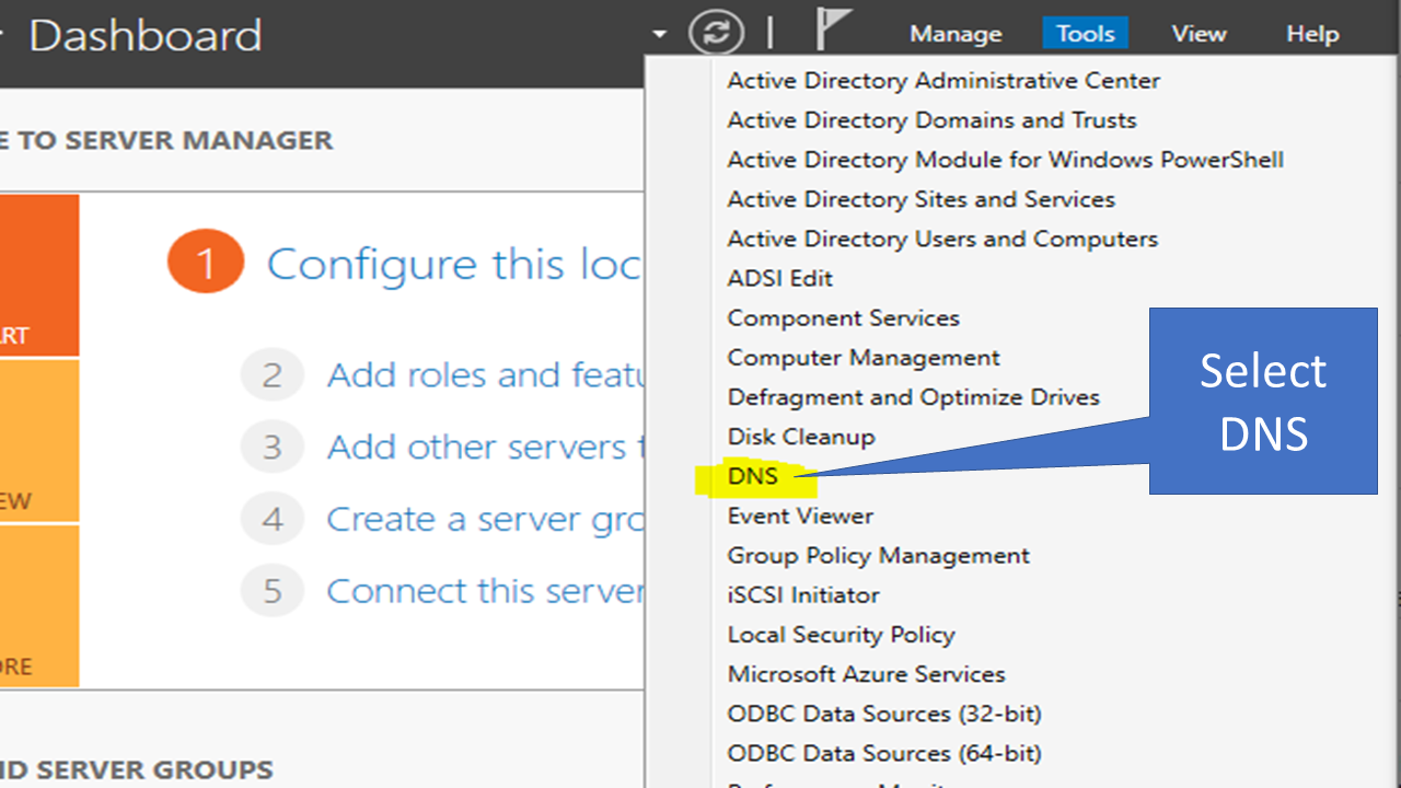 Select DNS to configure the DNS settings for Kerberos SSO Authentication Setup