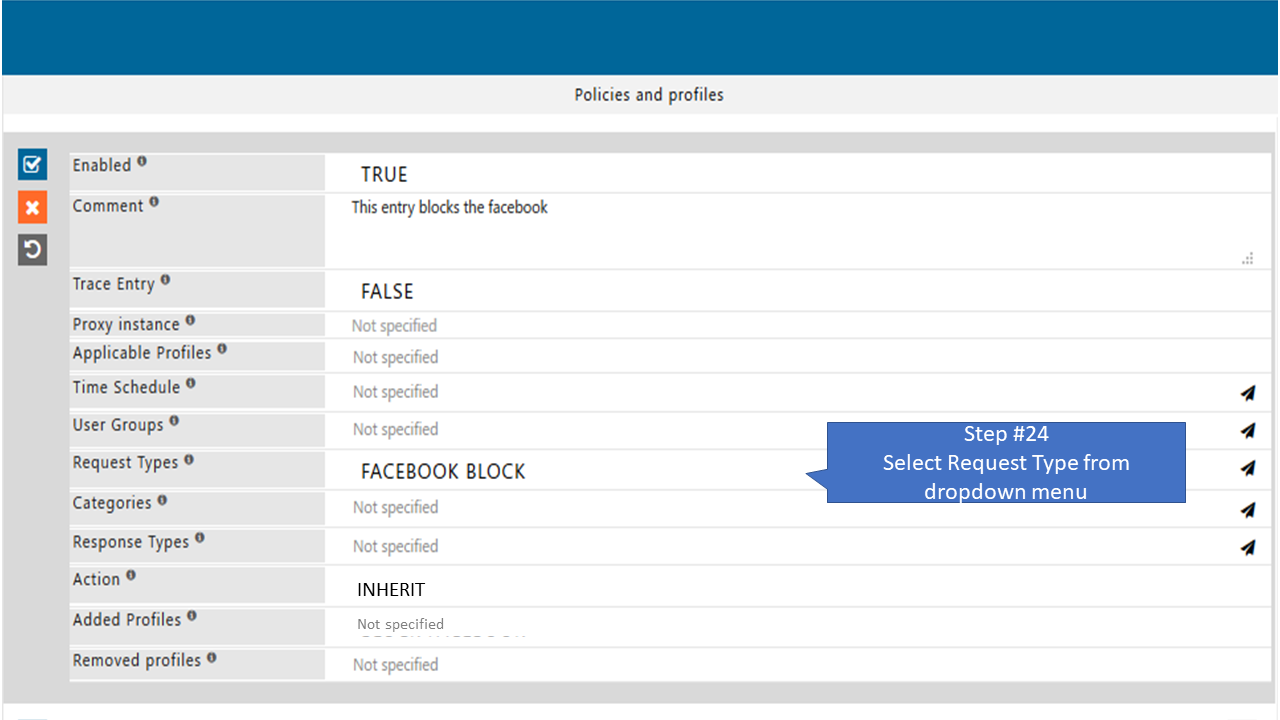 Select Request type in the policy that allow only specific page of Facebook 