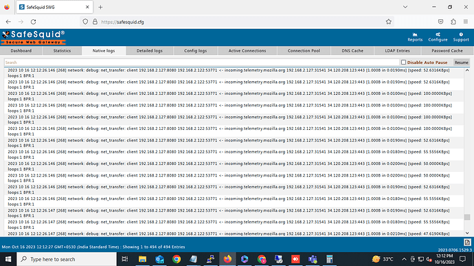 ushowing the native logs tab in safesquid interface