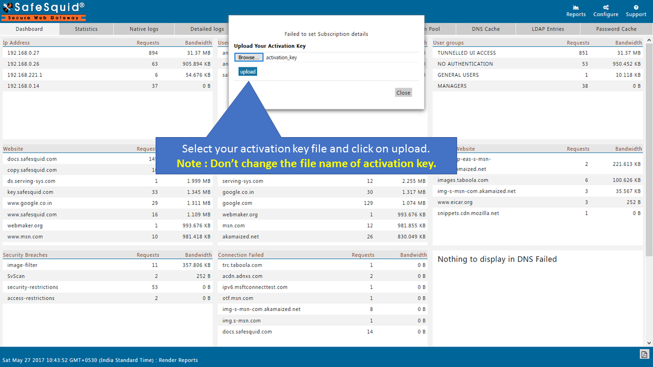 selecting your activation key file and clicking on upload