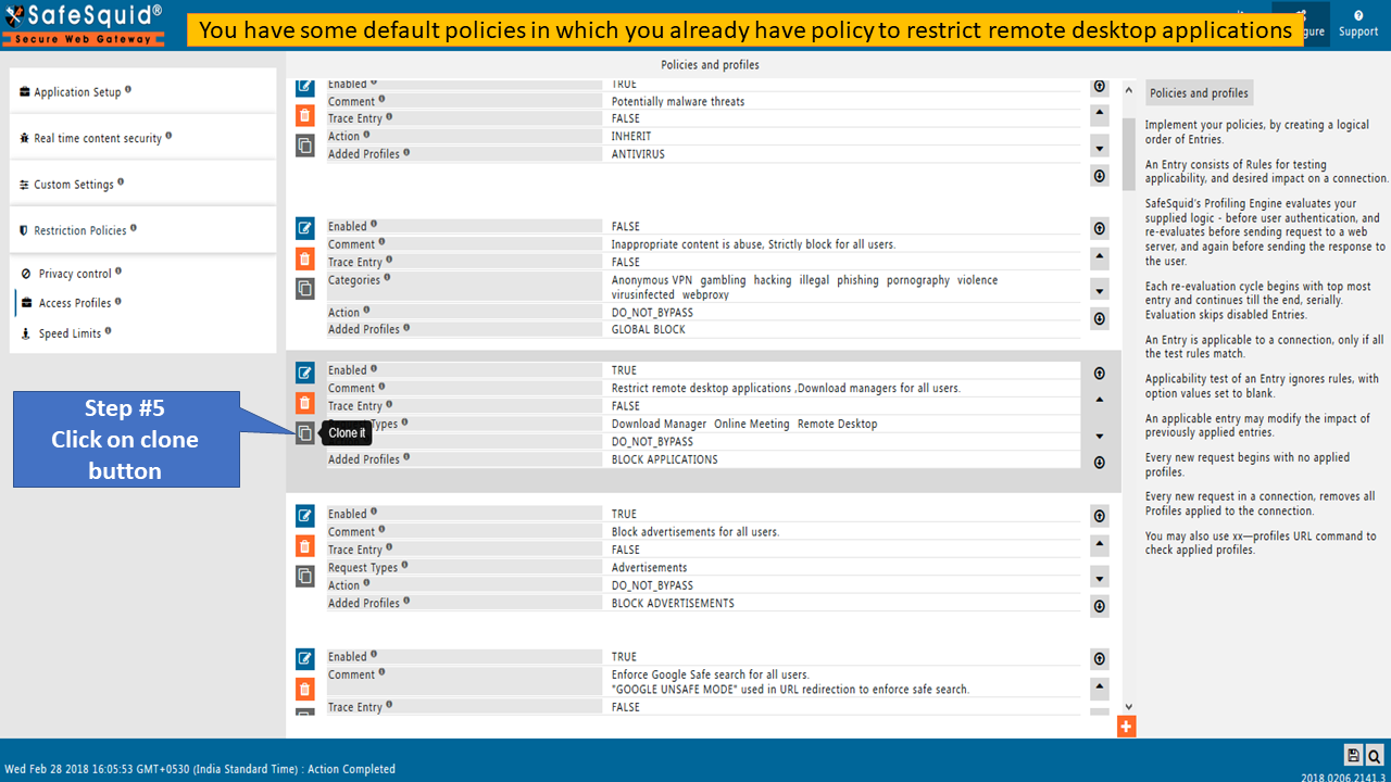 Default Restrict remote desktop application policies present in policies and profiles section