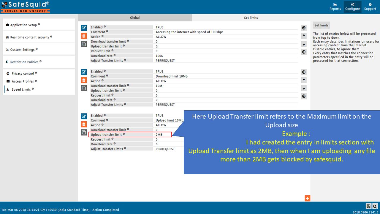 Setup Maximum limit on the Upload size in Speed Limits section