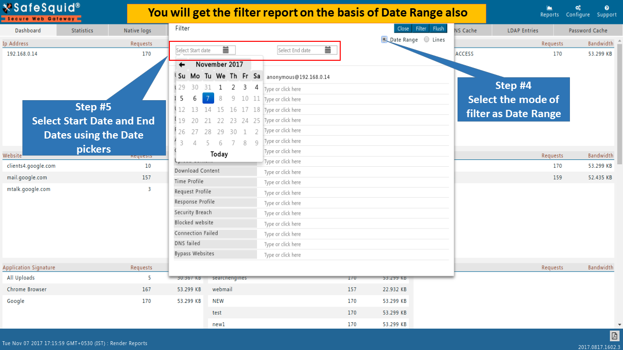 Safesquid report based on date range.