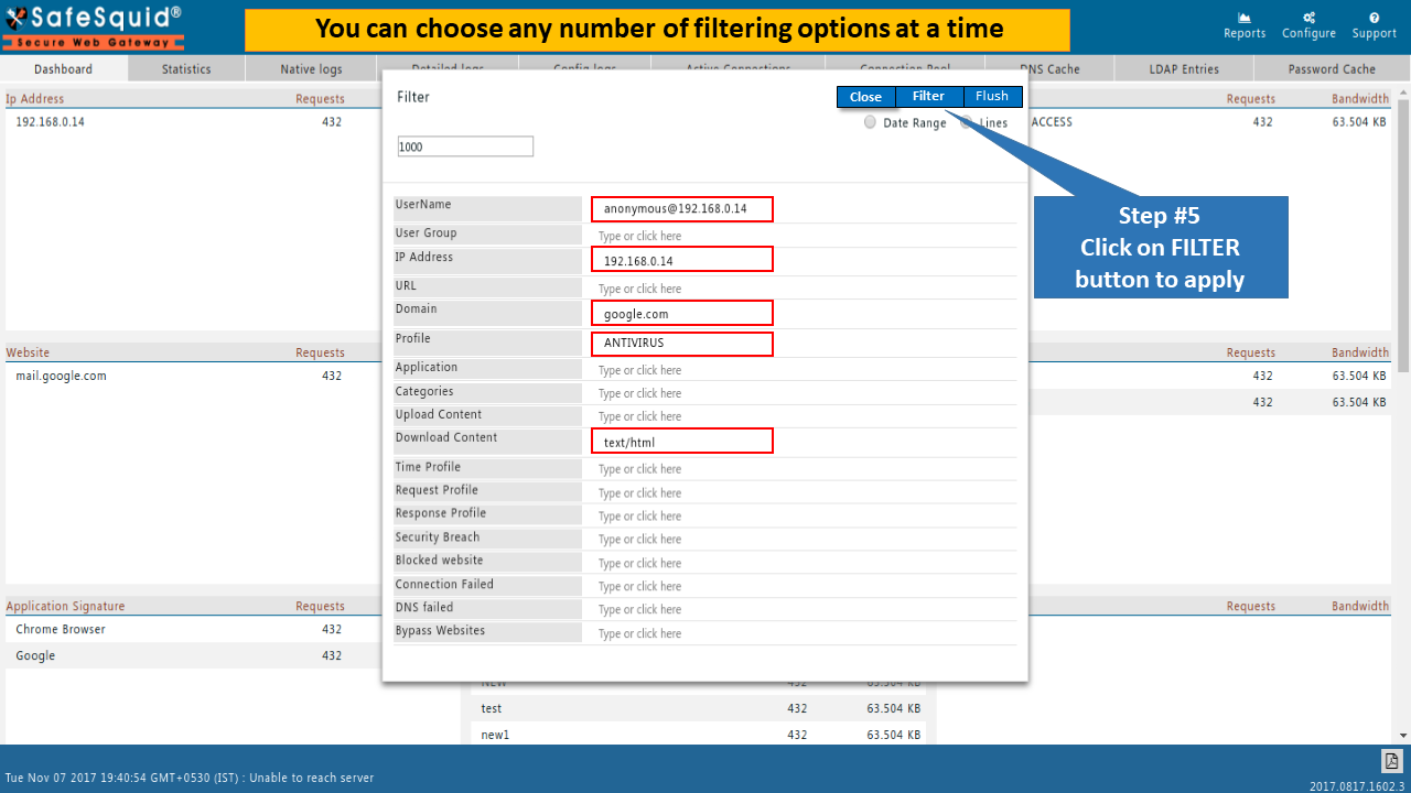 Choose no of filtering option to view safesquid report