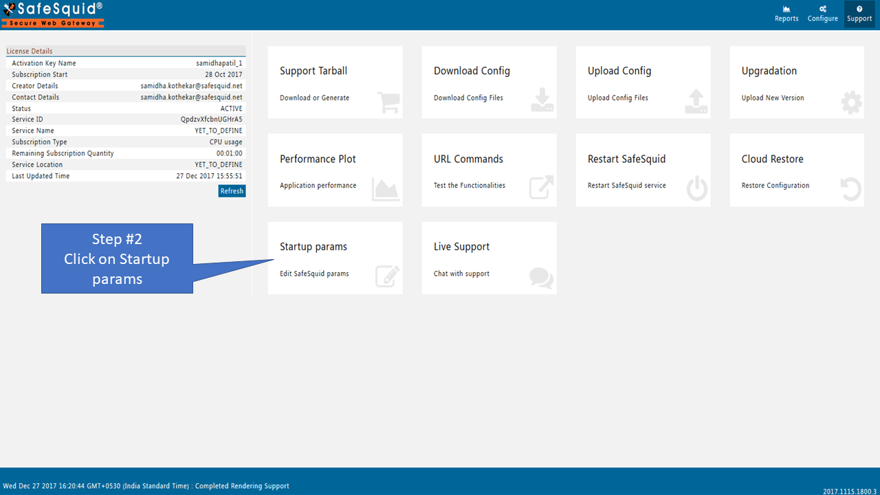 clicking on startup params 