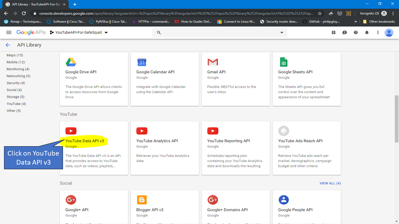 Select YOUTUBE DATA API V3  to integrate Youtube API with safesquid