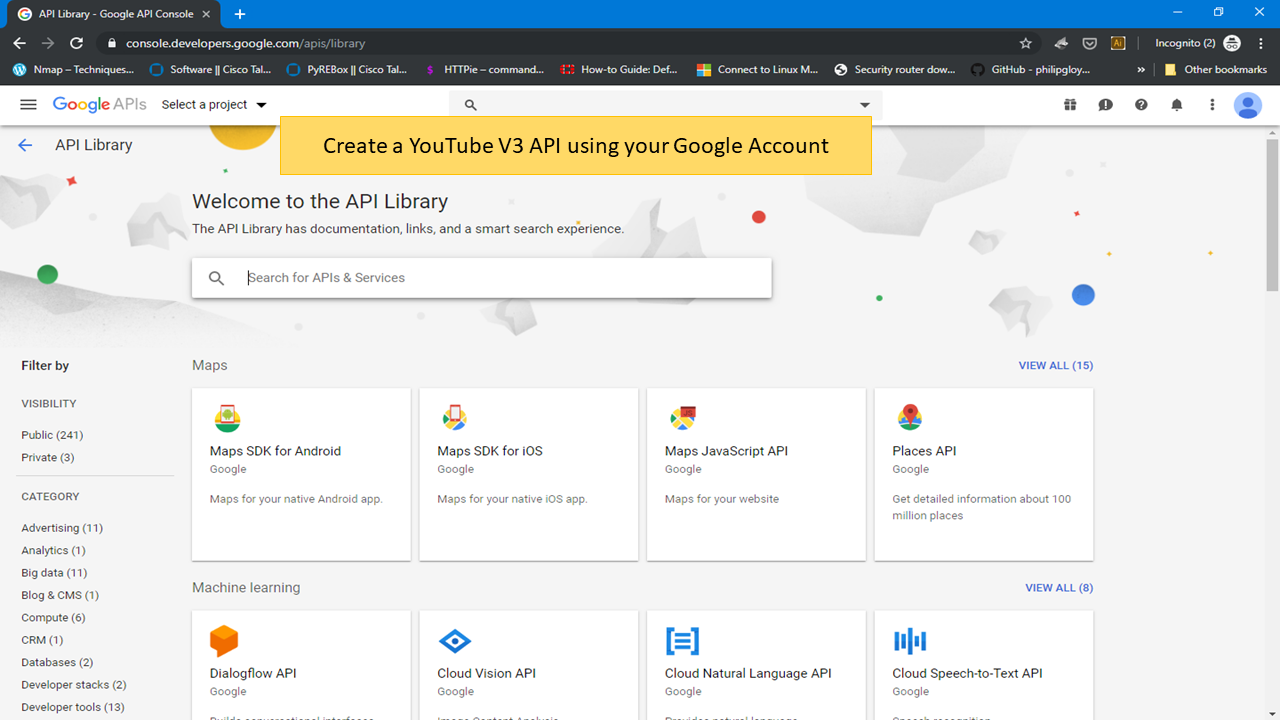 Create a Youtube V3 API using google account for Youtube API integration with safesquid