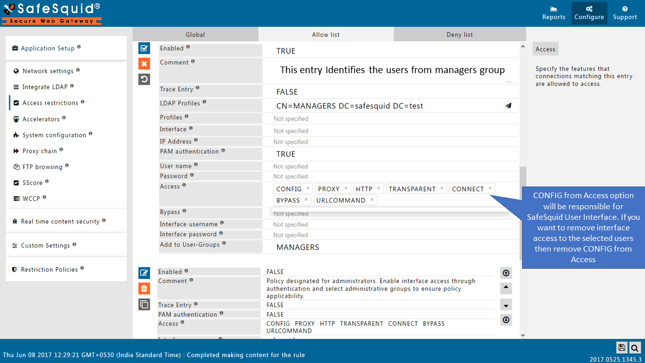 select or deselect CONFIG  option for the safesquid interface access 