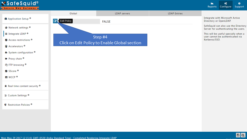 clicking on edit policy to enable the global section