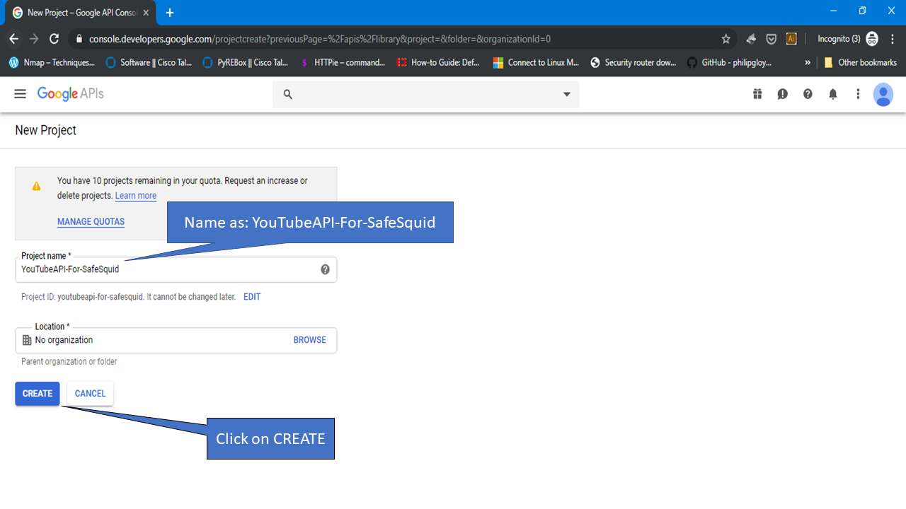 Name and create a project to integrate Youtube API with safesquid
