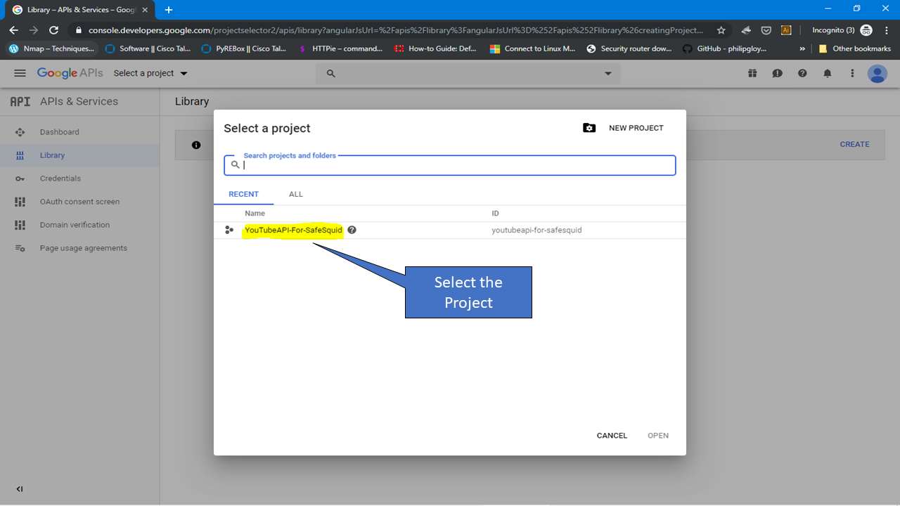 Select a project to integrate Youtube API with safesquid