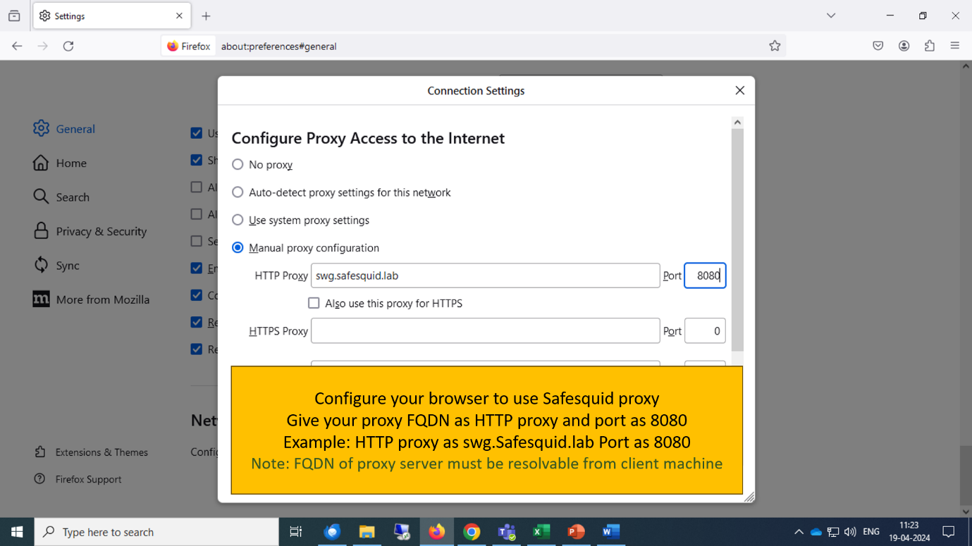 configuring your browser to use safesquid proxy by setting your FQDN and por