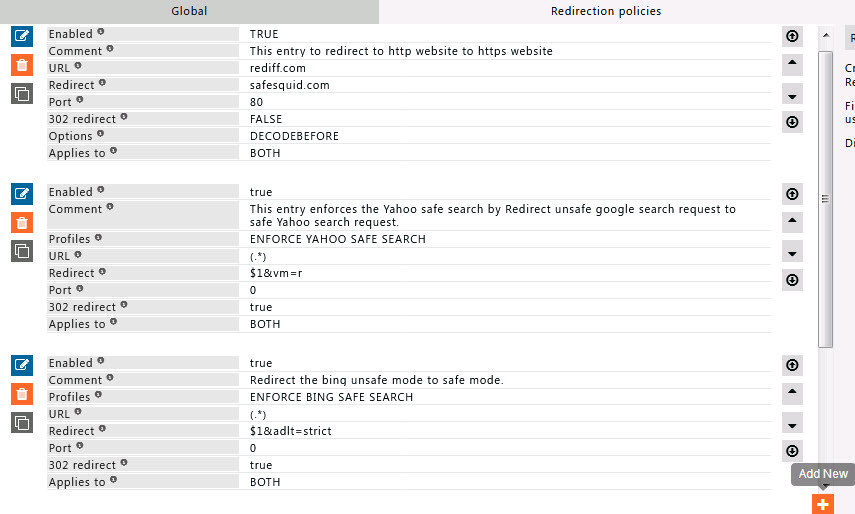 Default policies in Redirection Policies section