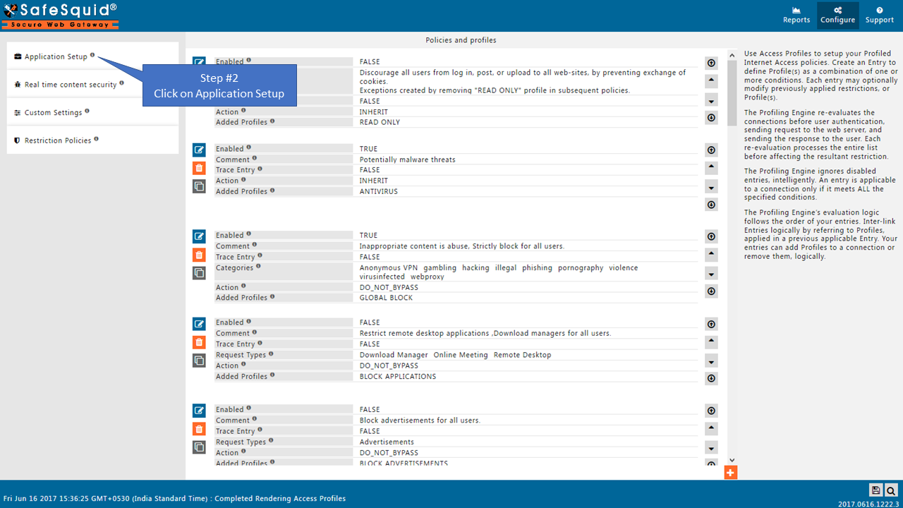 clicking on application setup in sidebar