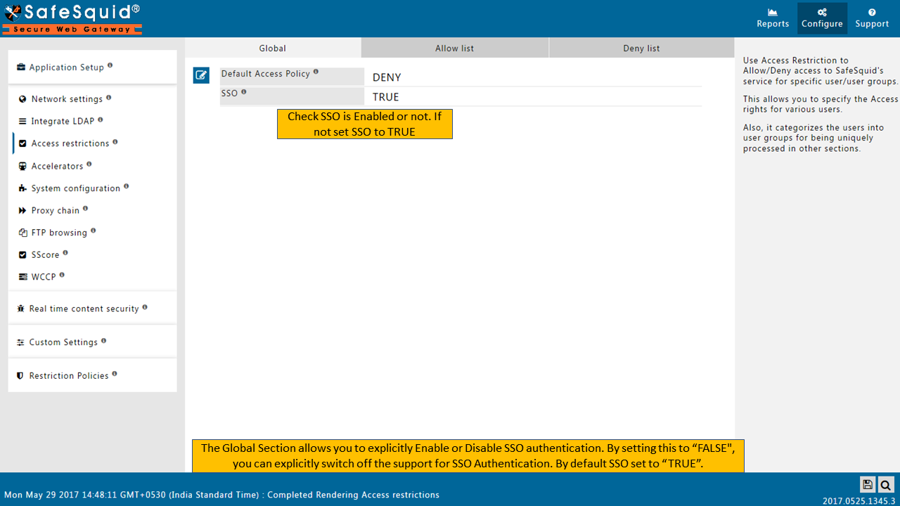 Enabling SSO authentication in global section