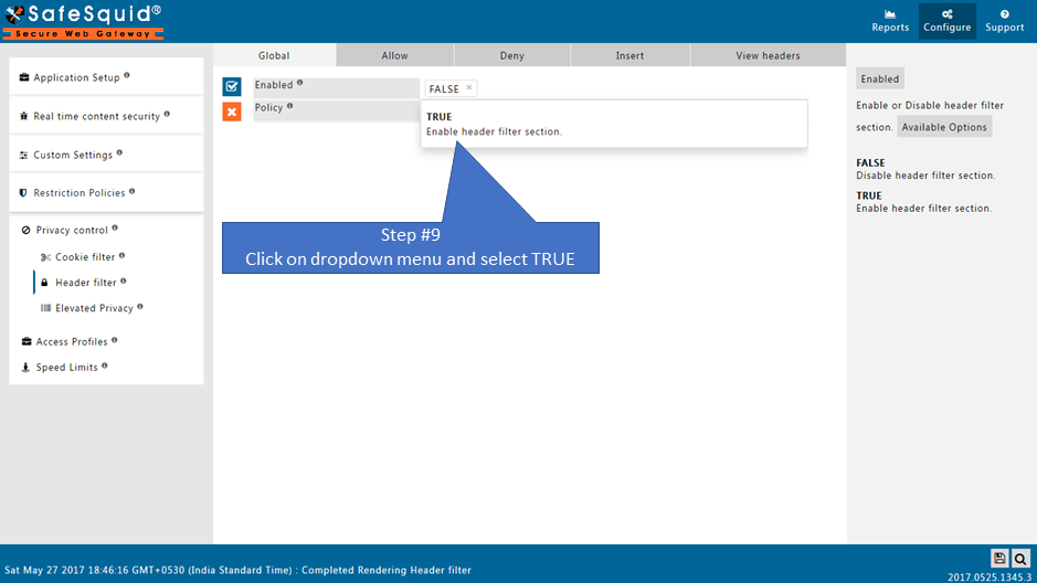 Enable the global field of Header filter section