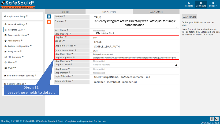 leaving the Ldap port ,use SSL, Query Record Limit, ldap user filter, Ldap group filter as default