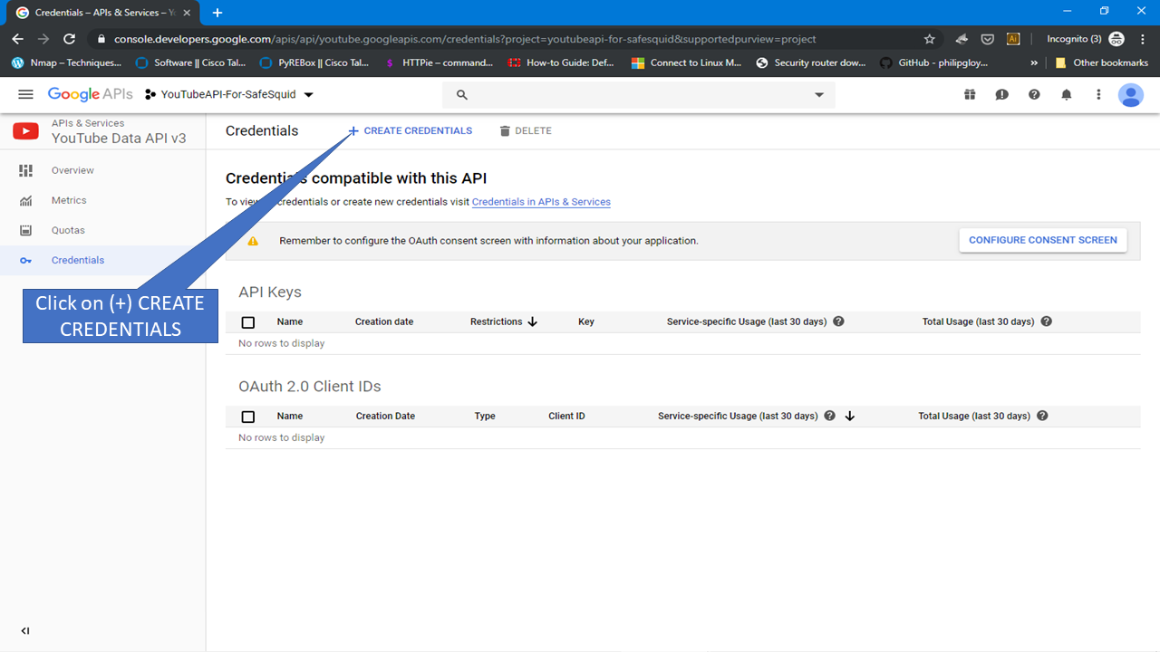 Click on Create credentials to integrate Youtube API with safesquid
