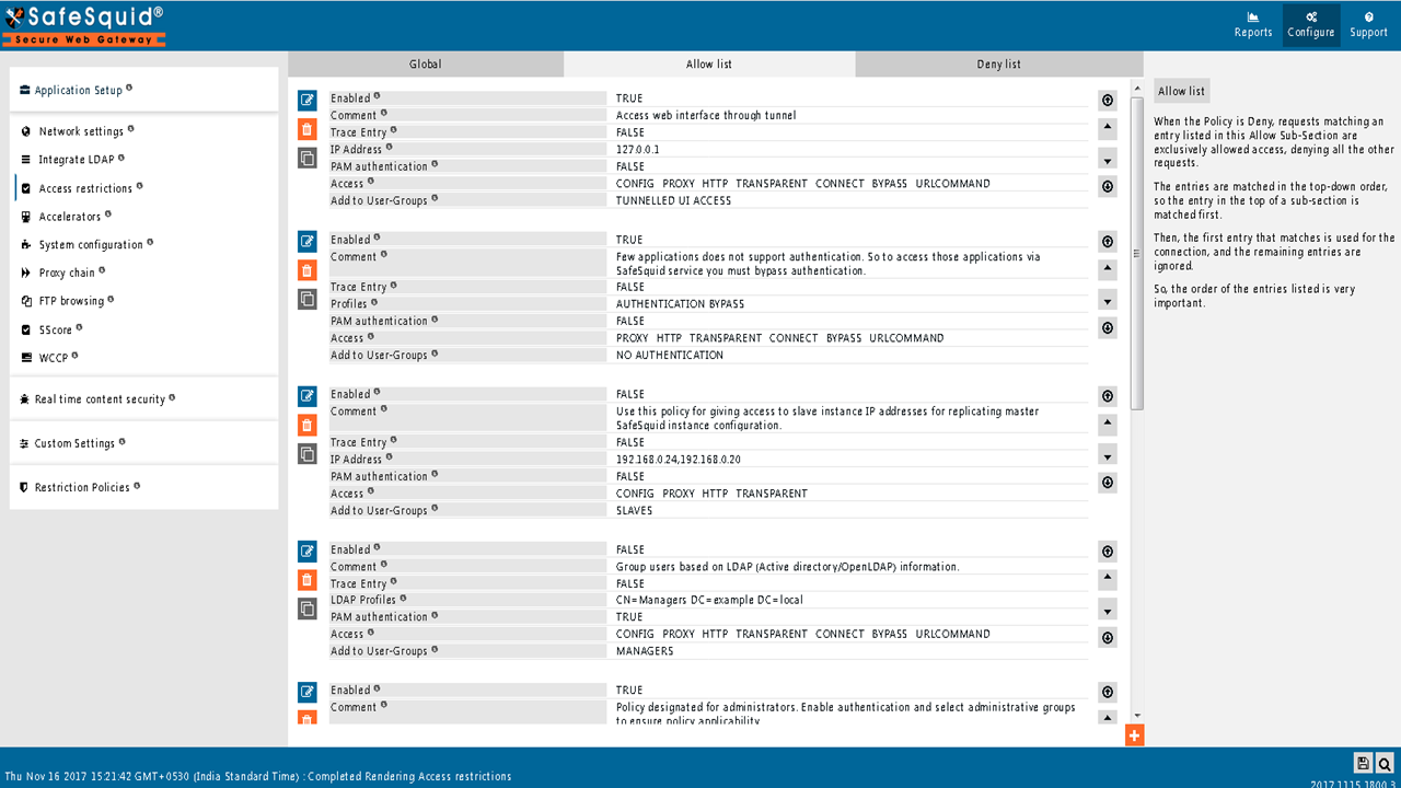 showing the default entries in the allow list