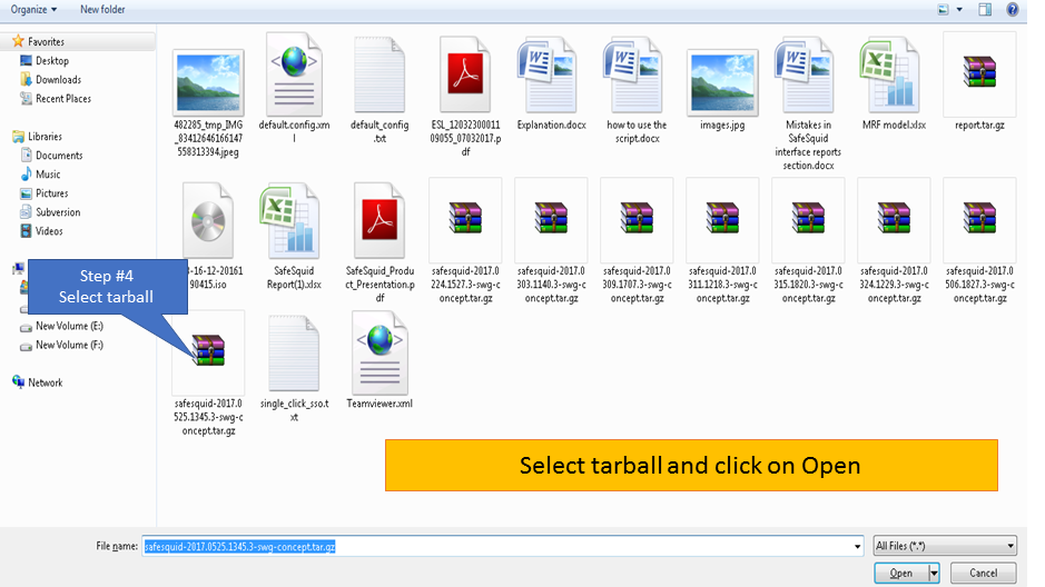 selecting the tarball file from the pc