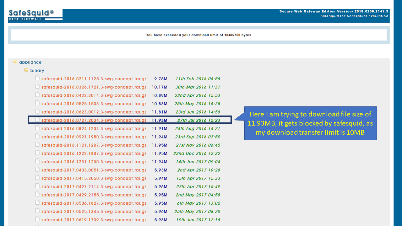 Testing of policy that set maximum limit on Download size