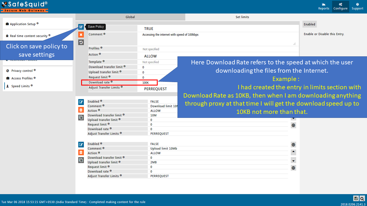 setting the download rate as 10kb as an example in download rate field