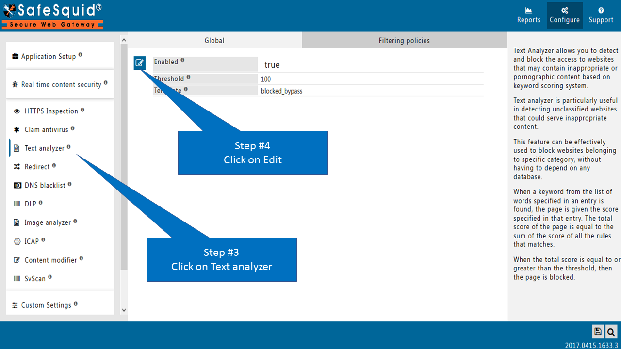 clicking on text analyzer and clicking on edit in the global section